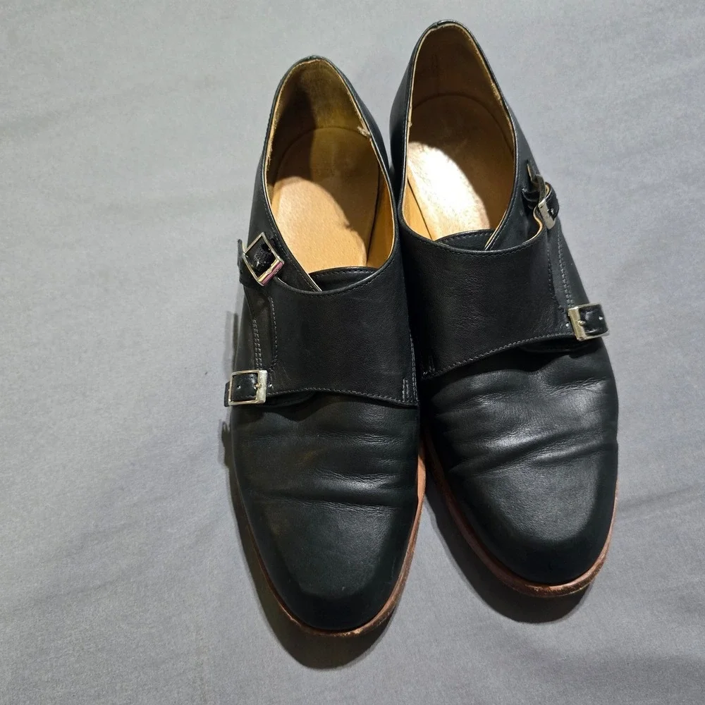 Belmore Australia Double Monk Strap Shoes 8 Black Leather Buckle Flat Loafers